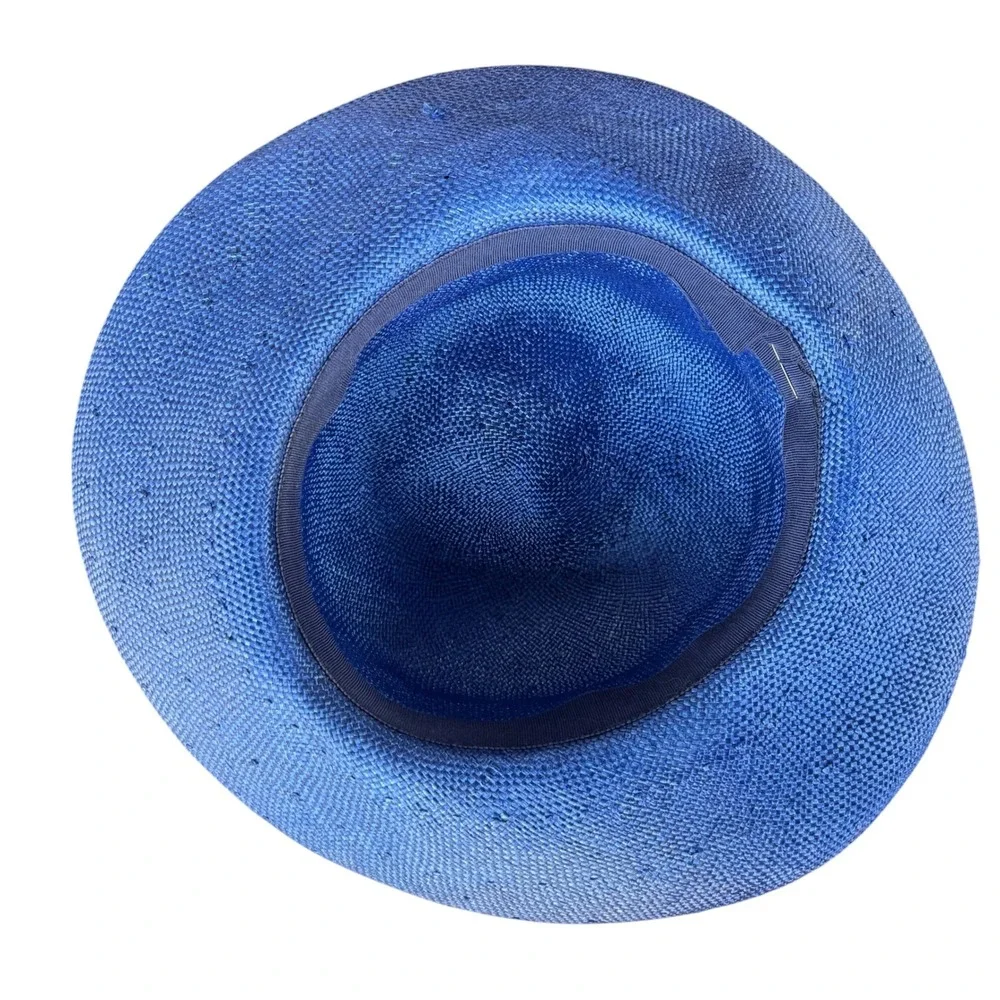 Vintage Royal Blue Straw Sun Hat with Light Blue Grosgrain Ribbon Bow Accent
